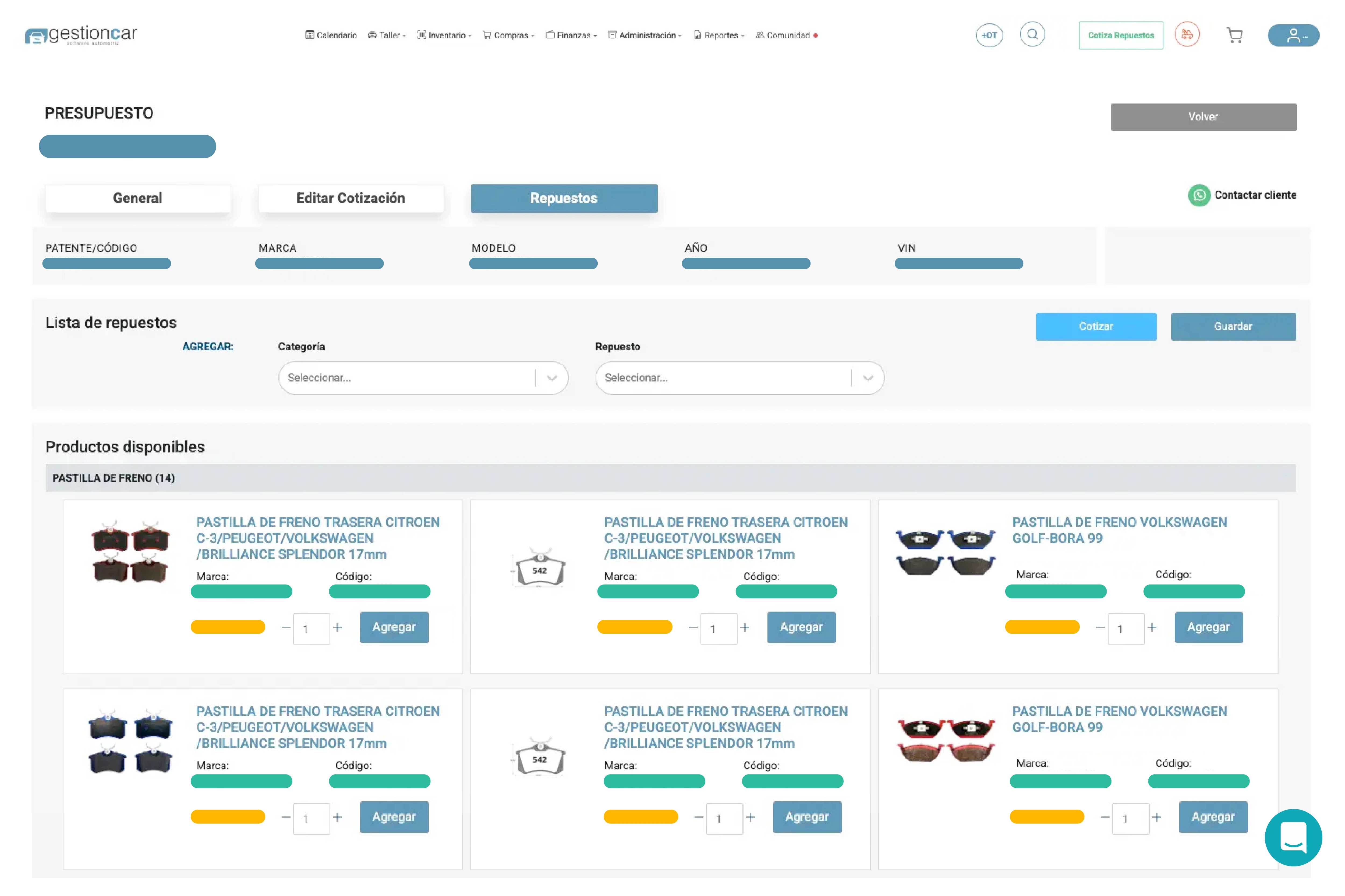 Captura de pantalla de Gestión de Motores y Componentes
